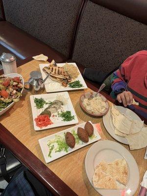 Fried Kibbee, Grilled Shrimp, Baba Ghanoush, Fatoush Salad, and Shanklish