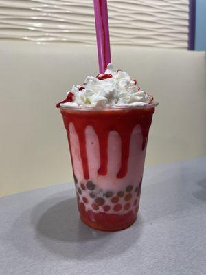 This is their new Strawberry Boba Milkshake. So refreshing