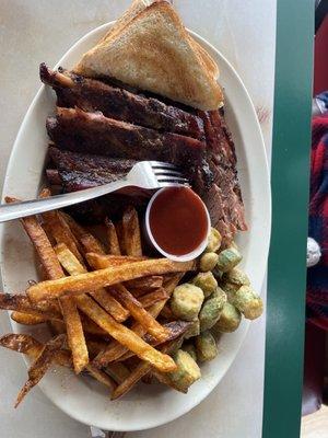 Brisket, ribs, french fries, okra