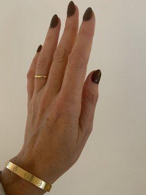 Russian manicure with chocolate brown gel polish and rubber base coat by Kamila