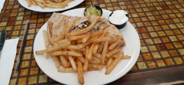 Shrimp Quesadillas with French Fries Guacamole and Sour Cream