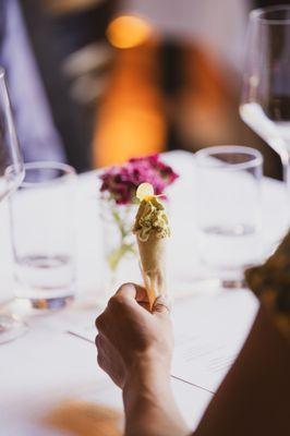 Spain's Top 100 Wineries, Raventos i Blanc and Can Sumoi Wine Pairing Dinner. Matcha Uni Cone pictured