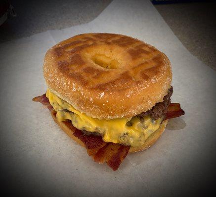 Bacon cheeseburger on a doughnut