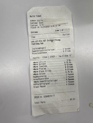 Receipt of poorly made food