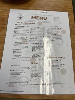 Breakfast menu