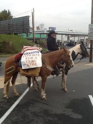 Cowboy crossing America for Charity. Offered him a whiskey for himself & beer for his horses but had to decline. Asked how the