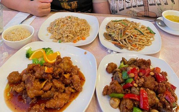 Orange Chicken, Kung Pao Chicken, Chicken Fried Rice  Beef Lo Mein, and Egg Drop Soup.