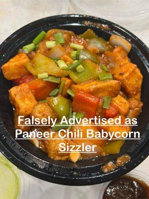 FAKE Paneer Chili Baby Corn Sizzler