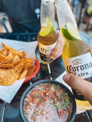 Coronas with Lime, plus fresh Chips and Salsa