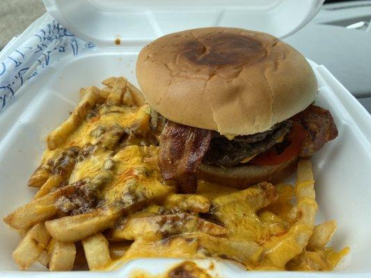 Big Mouth Burger with added chili and cheese to the fries.