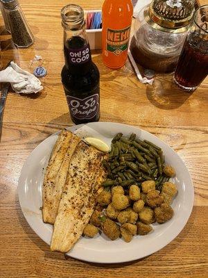 Rainbow trout with fried okra, green beans, and an O-So Grape soda to drink. I'm bringing the Nehi home...