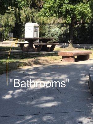 Porta potty and dated "landscaping"