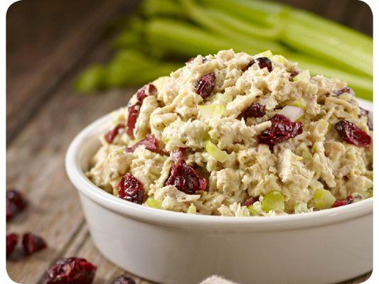 Cranberry Chicken Salad  Natural chicken breast mixed w/celery, craisins, salt/pepper folded in a creamy mix of Dijon, mayo and brown sugar.