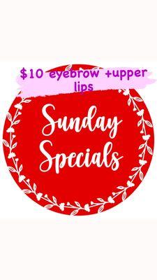 Special summer deals eyebrow and upper lips only $10 on every Sunday 12-5.