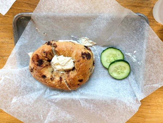 Chocolate chip bagel with plain cream cheese