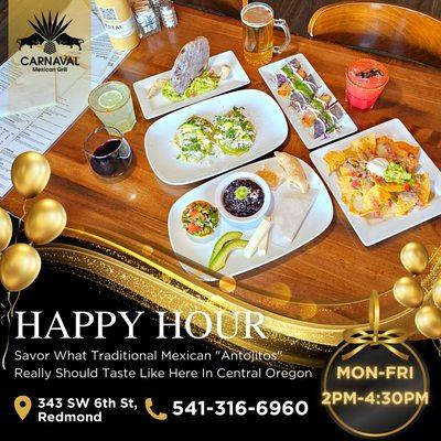 Did You Know?  From Monday To Friday, 2pm To 4:30pm.  We Have A Happy Hour Menu With Dishes You Rarely Find In Central Oregon