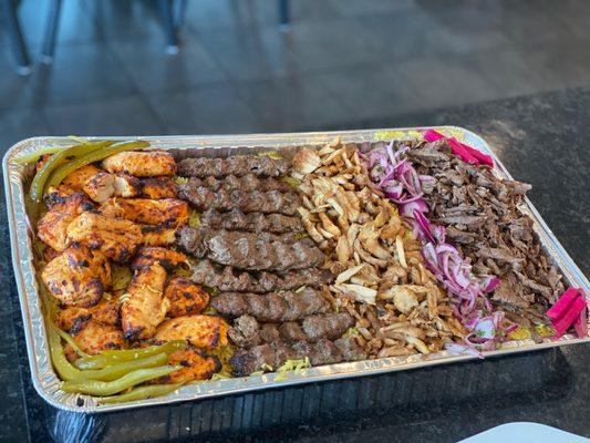 Combination of chicken skewers, beef kefta, chicken Shawrma and beef Shawrma!