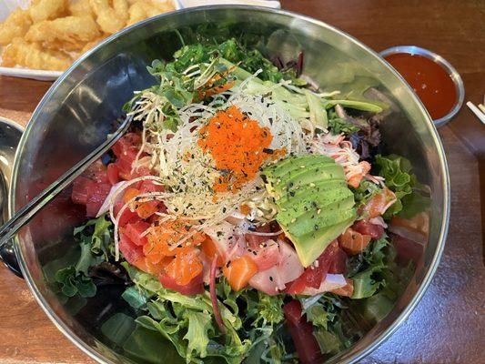 Beautiful and delicious sashimi salad rice bowl. hoei dup bop?!  'Hoe deop bap' ?!