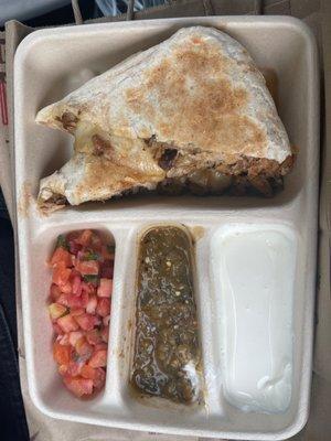 Quesadilla, grilled to perfection, with all requested sides.