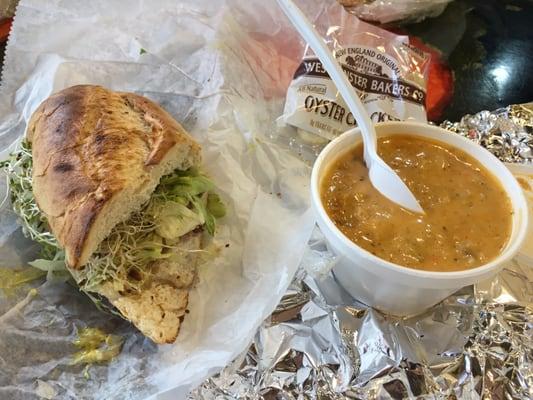 Half sandwich and soup for $5.99 (turkey and roast beef on a French sub roll and wicked Thai chicken soup)