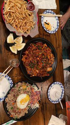 Garlic fries,  pork belly + squid stir fry Bacon fried rice