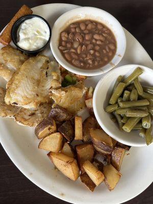 Grilled Hearty Catfish Special AYCE with green beans, pinto beans and grilled taters