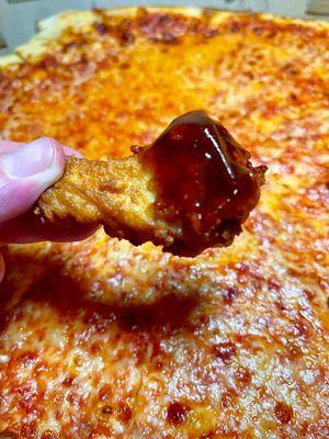 Wings with spicy cannonball bbq sauce and cheese pizza