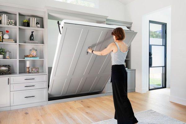 Beautiful contemporary look, with gray finish. Murphy Bed and home office wall.