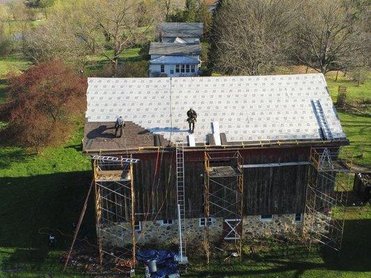 Barn roof replacement in Dousman.  Starting to install IKO Dynasty shingles