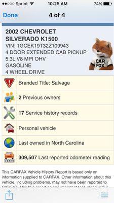 CarFax report...note title and mileage