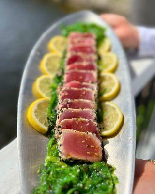 Ahi-Tuna over a freshly made seaweed salad!