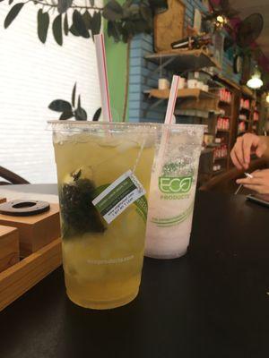 A strawberry Italian cream soda in the back & a cherry lemon green tea you can buy by the tea bag!