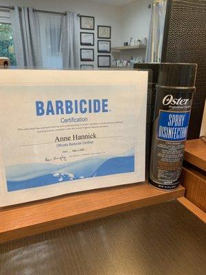 Barbicide certificate for sanitation with Covid protocols