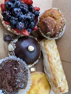 Pumpkin Muffin, Chia Seed Muffin, Lemon Tart, Mixed Berry Tart, Apple Turnover, Chocolate Mousse Cake