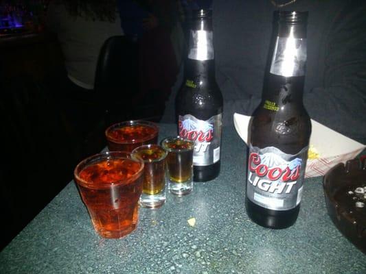 2 Coors Light's, 2 Vegas Bombs, 2 Hennessey shots. $22.00, FYI