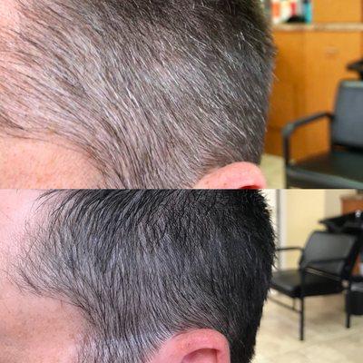 Men's hair color and haircut before and after. An easy grey blending with redken for men color camo. It takes 5 minutes!