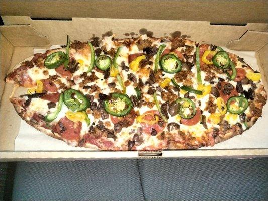 Pepperoni Sausage Green pepper Olives Jalapeno Banana peppers