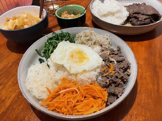 Bulgogi bibimbop, tteokbokki, and beef bulgogi.