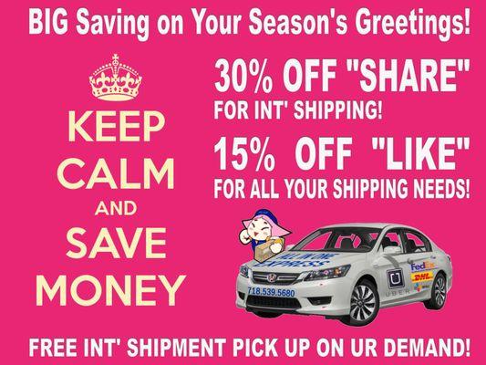 https://www.facebook.com/allinonexpress/ 15% Off " Like" 30% Off"Share" on your next shipment.