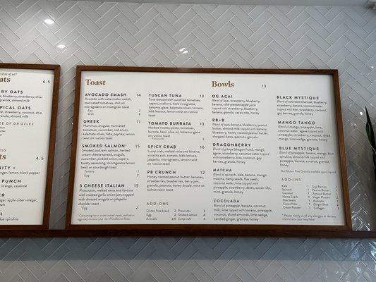 Toast and Bowls Menu