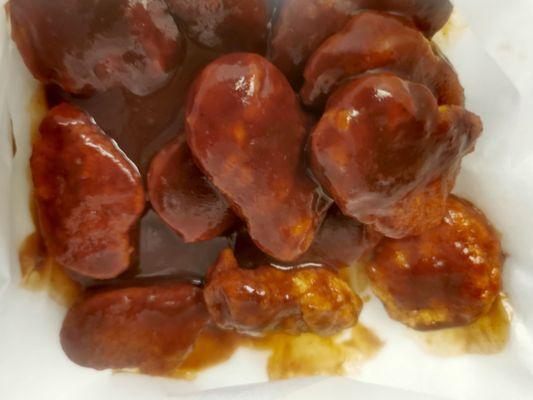 Boneless BBQ wings ~ great sauce generously coated! Delicious