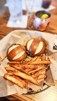 Barrio bacon jam sliders with beer battered fries