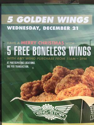 Come and get your 5 Free Boneless Wings