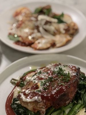 Posit's Caramelized Italian Meatloaf with tomato balsamic glaze, olive oil whpped mashed potatoes, rapini, and garlic butter.