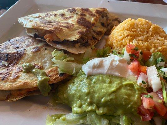 Shrimp, chicken & beef quesadilla. Very tasty!