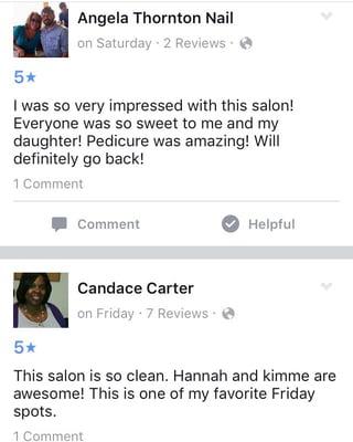 Reviews/comments on the Facebook page from previous customers about their visit at Bellagio Nails & Salon!