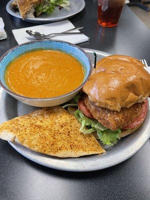 Tomato soup and The Crispy Cod Burger