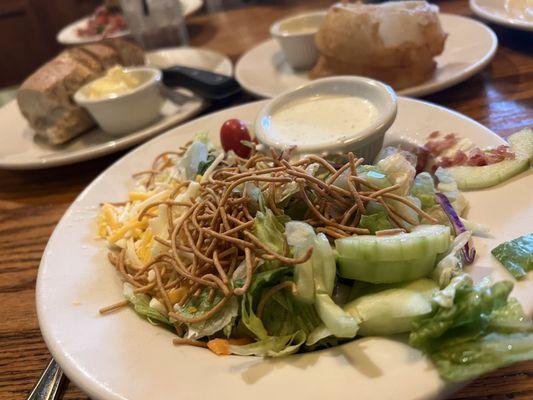 House salad, bread, onion rings.