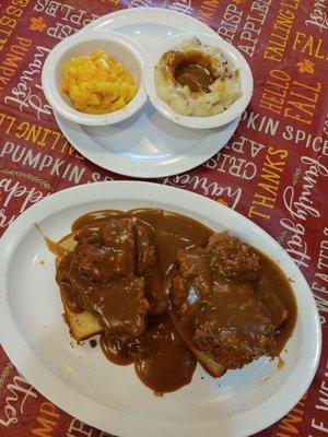 Open Face Meatloaf Sandwich, Mashed Potatoes, Mac n Cheese