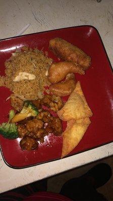 General TSO chicken chicken eggrolls crab Rangoon sweet and sour  shrimp